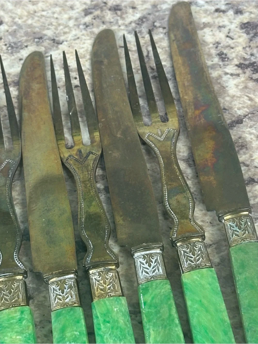 Set of 12 Antique French Vermeil Green Handle Fruit Service Flatware Fork Knife